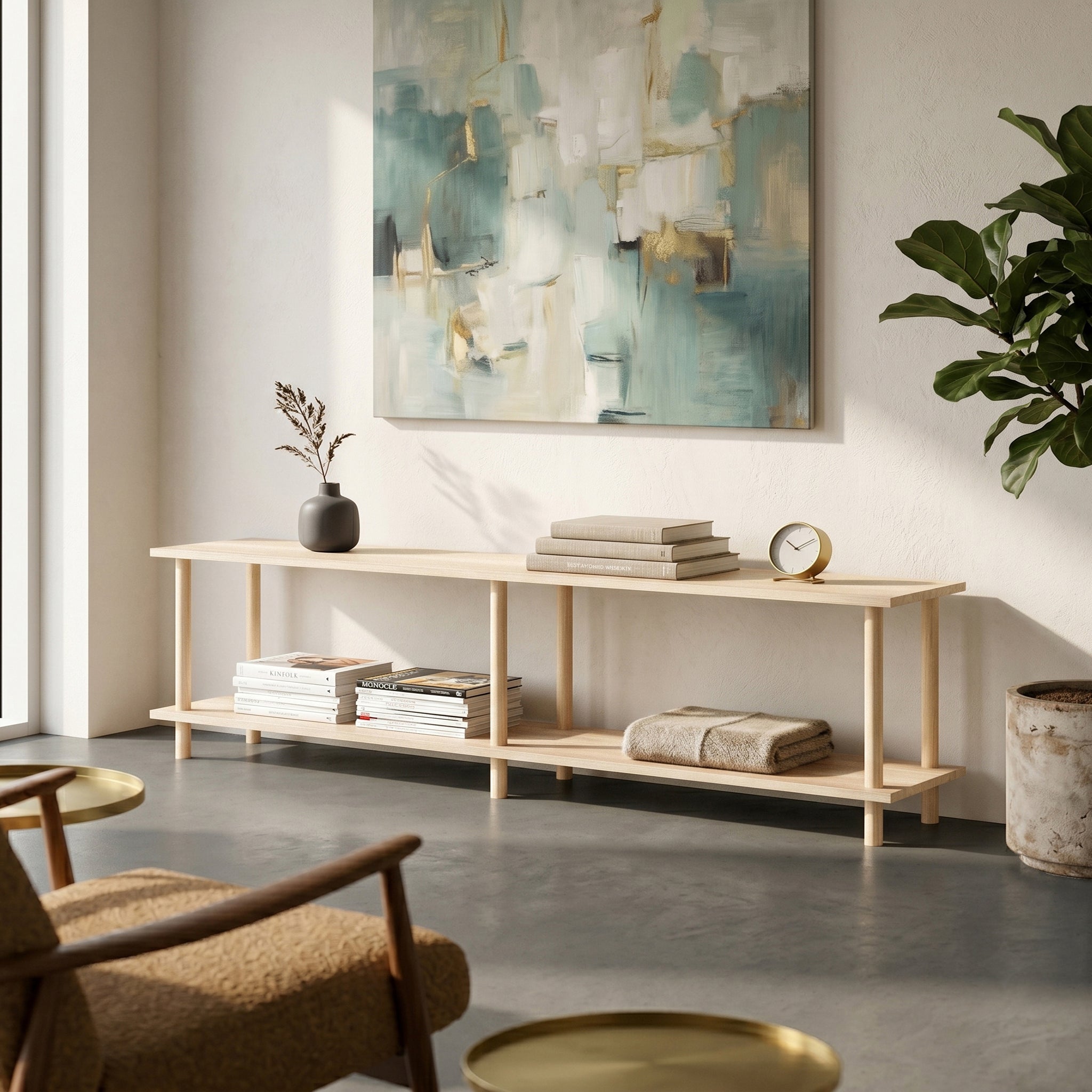 Solid Wood 2-Tier Low Shelving Unit